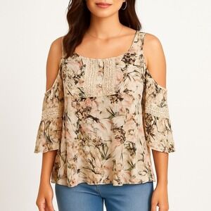 Womens Floral Boho Cold Shoulder Peasant Top Crochet Lace Trim L Cottagecore